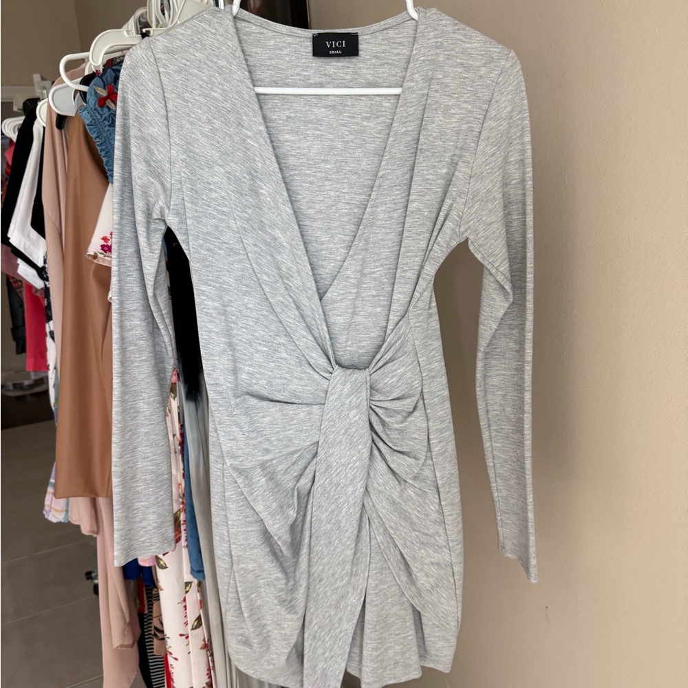Gray Long Sleeve Knot Dress